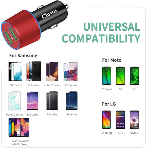 Rapid USB C Car Charger, Compatible for Samsung Galaxy S23/S22/S21/Note 20, Quick Charge 3.0 Dual USB