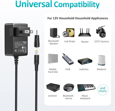 Basicvolt 12V 2A 12 2 1.5A 1A 500ma 300ma Universal AC Adapter DC Power Supply Center Positive Volt Amp Charger Power