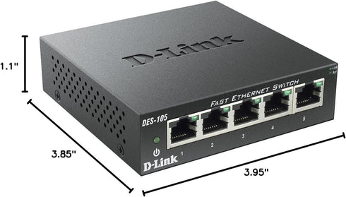 D-Link Fast Ethernet Switch, 5 Port Unmanaged, 10/100 Metal, Desktop or Wall Mount