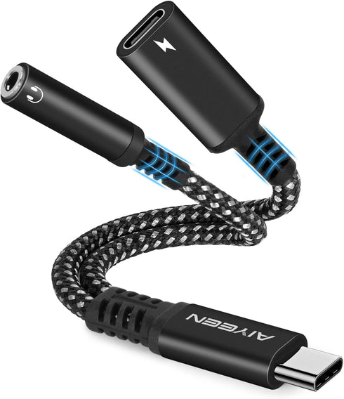 2-in-1 USB C to 3.5mm Headphone and Charger Adapter, Quick Charging Port to Aux Audio Jack for Google Pixel, Samsung