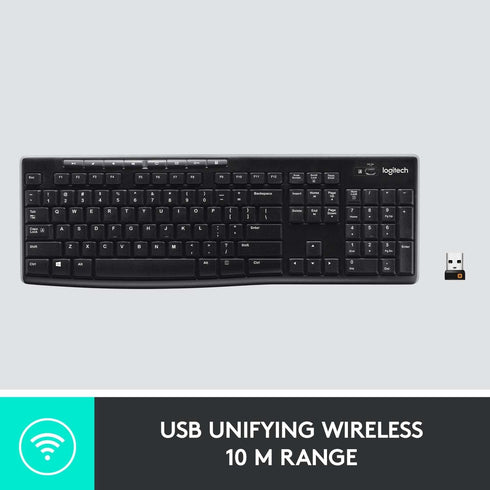 Logitech K270 Wireless Keyboard for Windows, Full-Size 2.4 GHz with Number Pad and 8 Multimedia Keys (Black)