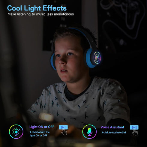 LOBKIN Kids Bluetooth Headphones, Over Ear Wireless Headphones with Mic, 50H Playtime, Colorful LED Lights, Safe Volume