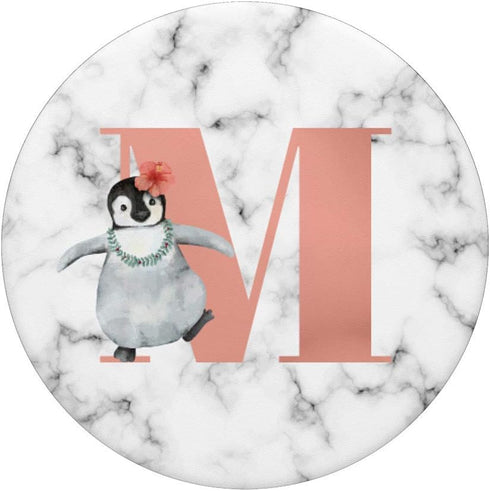 Cute Penguin With Flower Pink Rose Color Letter M PopSockets Swappable PopGrip