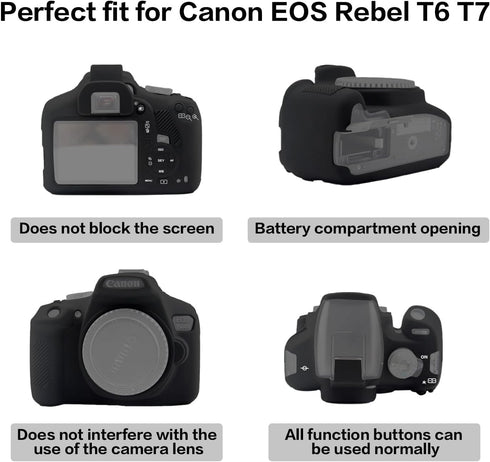 Soft Silicone Camera Case Cover for Canon Rebel T6/1300D, T7/1500D DSLR - Black with Button Marking