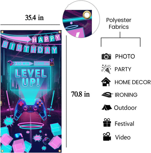 Video Game Happy Birthday Party Door Banner, Level Up Background for Boys Gamer Room Themed Birthday Decoration, 70.8 x