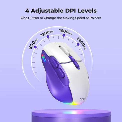 MEETION Wireless Mouse for Laptop, Ergonomic Rechargeable Mouse with USB and Bluetooth, 4 Adjustable DPI, Purple White