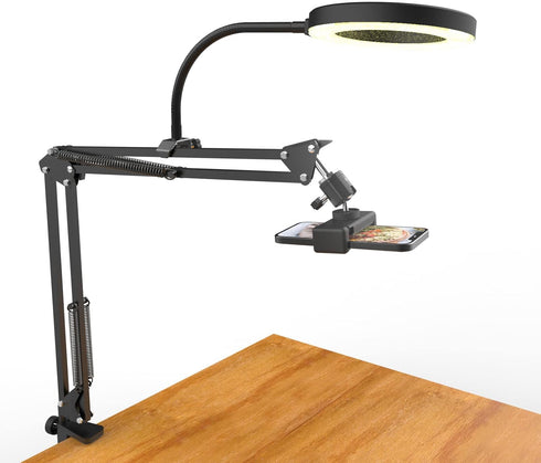 Overhead Camera Mount with Ring Light, Flexible Articulating Phone Arm Stand for iPhone, Logitech Webcam, Desk Tripod
