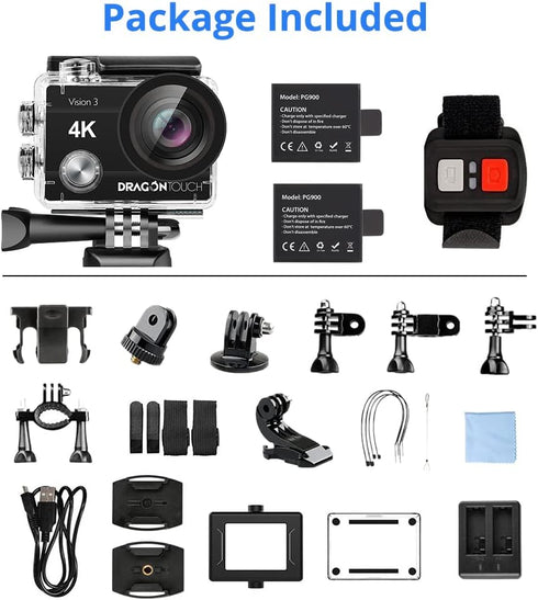 Dragon Touch 4K Action Camera, 20MP Vision 3 Underwater Waterproof Camera with 170° Wide Angle & Remote