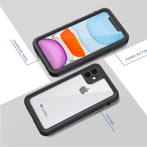 Lanhiem iPhone 11 Case, IP68 Waterproof Dustproof with Built-in Screen Protector, Heavy Duty Clear Back Cover (Black)
