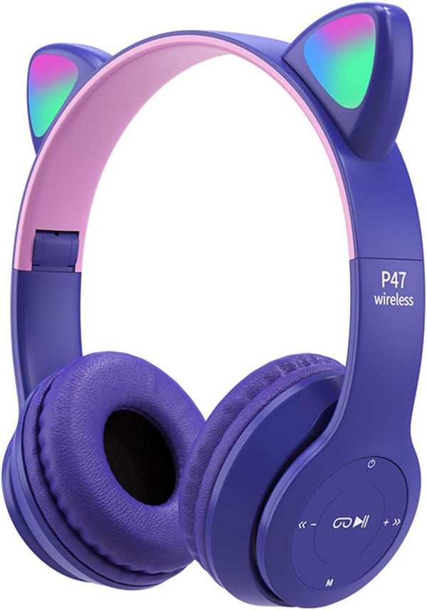 Kids Cat Ear Headphones, LED Light Up Bluetooth 5.0 Foldable Gaming Headset, Noise Cancelling Over Ear, Purple