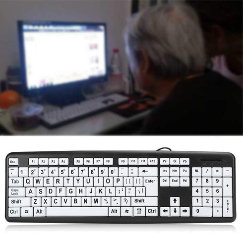 Elderly Keyboard, 104 Keys QWERTY Layout USB Wired Keyboard for Old People (1.35M Cable, Black)