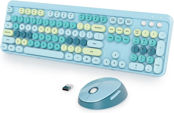 Fogruaden Blue Wireless Keyboard and Mouse, Retro Typewriter 104 Keys Full Size Keyboard with Number Pad for PC