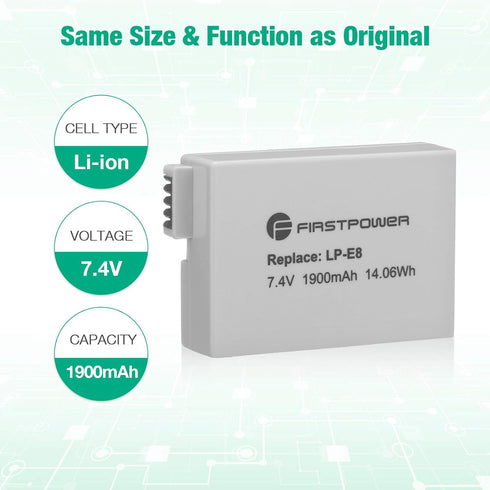 FirstPower 2 Pack LP-E8 Batteries for Canon EOS Rebel T5i, T4i, T3i, T2i, 550D, 600D, 650D, 700D