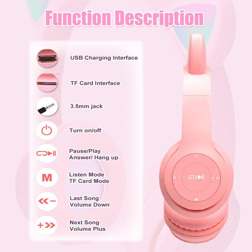 Kids Wireless Headphones, Bluetooth Over Ear Headset with Microphone, Cat Ear LED Light, Foldable Earphones for