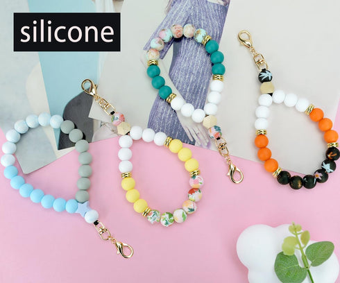 VICHUNHO Marble Silicone Beaded Phone Wrist Strap, Cellphone Lanyard with Tether Tab, Elastic Hands-Free Wristlet
