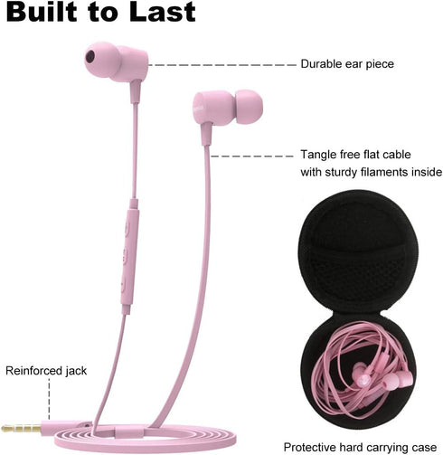 Joymiso Tangle Free Earbuds for Kids and Women, Comfortable Lightweight Wired Earphones with Case (Pink)