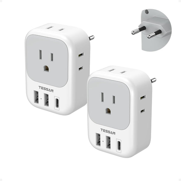 TESSAN 2 Pack European Plug Adapter USB C, US to Europe Adapter 4