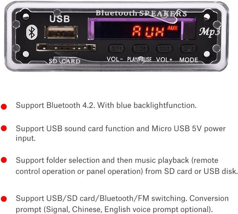 MP3 WMA Decoder Board, Audio Wireless Bluetooth 4.2 Module, 12V, USB/SD Card/Bluetooth/FM Switching Support