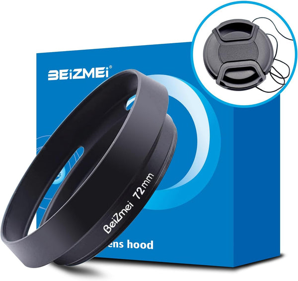 72mm Metal Lens Hood, Compatible with All Brands Lenses with 72mm Filter Thread + 72mm Lens Cap