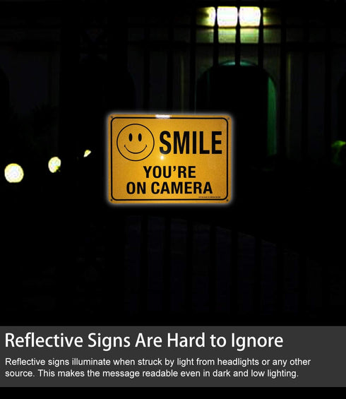 (2 Pack) Faittoo Smile You're On Camera Sign, Reflective 10x7 Rust Free Aluminum for Indoor & Outdoor Use
