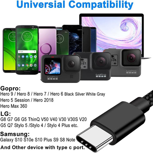 6ft Long USB-C Power Cord for GoPro Hero MAX, Hero 11, 10, 9, 8, 7, 6, 5, Samsung Galaxy Note, LG G7