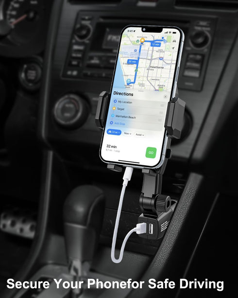 Cigarette Lighter Car Phone Holder Charger, Dual USB Fast Charging Mount with Adjustable Arm & 360° Rotating for iPhone