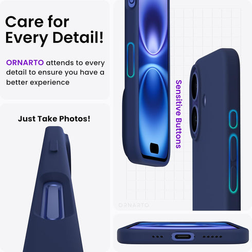 ORNARTO 16 6.1", 3 Compatible with iPhone Case Slim Liquid Silicone Layers Full Covered Soft Gel Rubber Shockproof