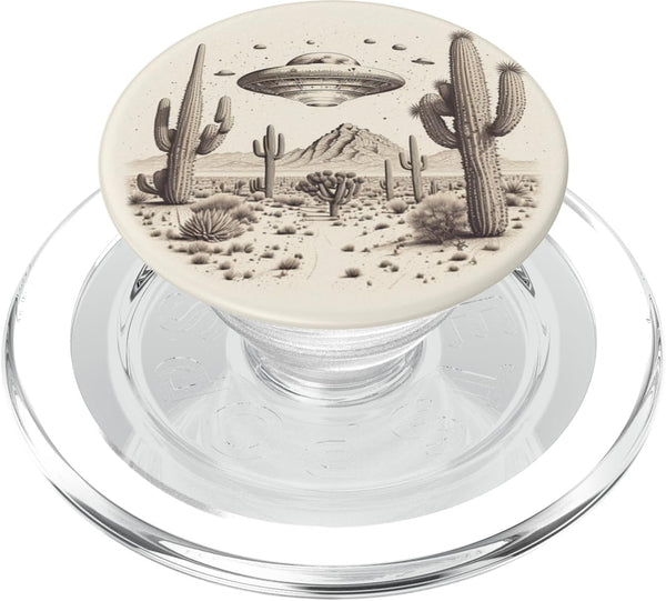 PopSockets PopGrip for MagSafe - Flying Aliens UFO Saucer Surrounded by Cactuses