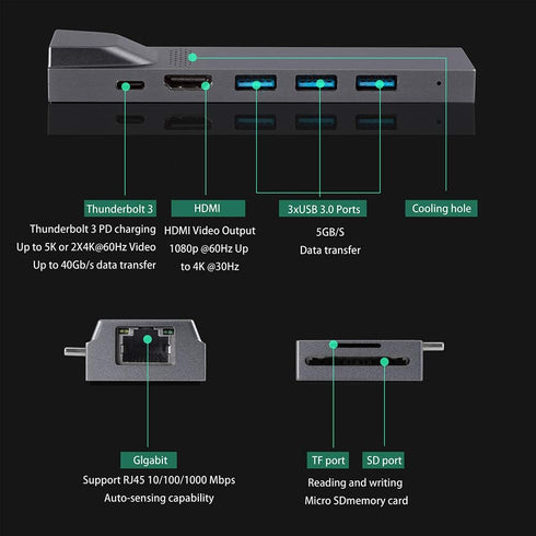 YUANSHAN 8-in-1 4K 3 3.0 100W 3, USB C Hub for MacBook, Docking Station Adapter with HDMI, Gigabit Ethernet, USB Ports