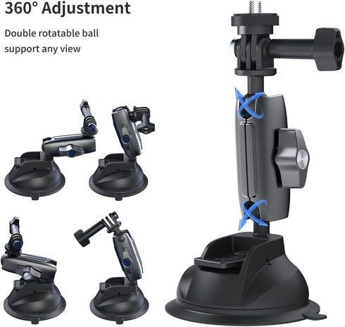 TELESIN Aluminum Camera Suction Cup Car Mount with Phone Holder, Windshield Dashboard Accessories for GoPro 12 11 10 9
