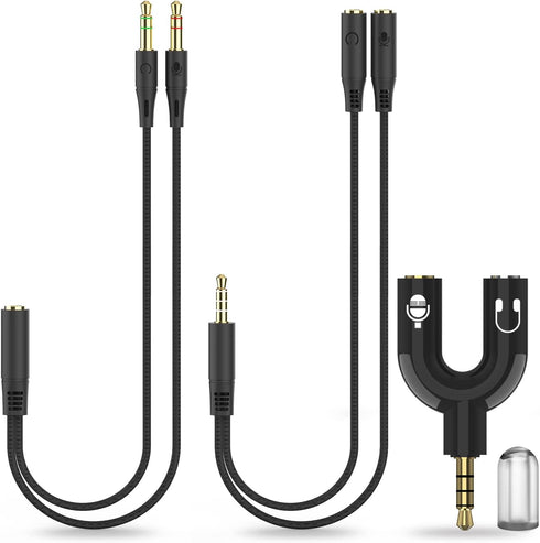 Headphone Splitter Adapter, 3-in-1 Pack 3.5mm Male to 2 Port 3.5mm Female & 3.5mm Female to 2 Port 3.5mm Male Aux Stereo Y Jack Cable for PS4, Xbox, Phone, PC, Tablet, Laptop, Gaming Headset