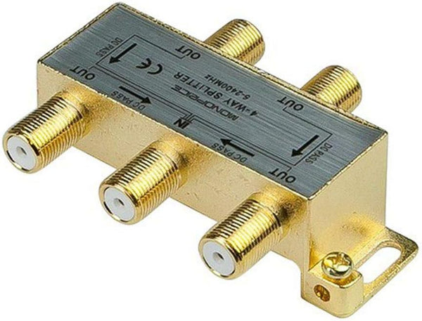 Monoprice Premium 4-Way Coax Cable Splitter, F-Type Screw, Gold Plated for Video VCR Cable TV Antenna