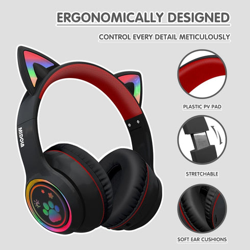 Headphones Cat Ear Wireless Bluetooth 5.3 60H Over Ear, 8H with Led Light Foldable Music Gaming Headset with Aux 3.5mm Mic for Game Pad Tablet Laptop Phone Black