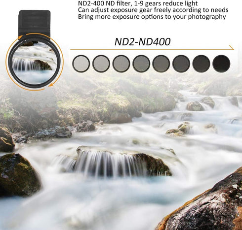 Neutral Density Lens Filter, 37MM ND2-400 Cellphone Camera Lens Filter Kit, Photography Camera Lens Filter with Adjustable Clip, Phone ND Filter for The Camera Toning