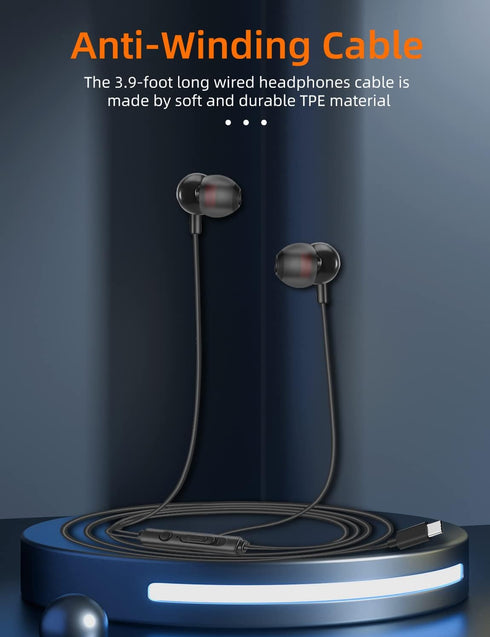 MAS CARNEY TI3 Wired USB Type C Headphones - USB C Earbuds with Microphone for Samsung, Huawei, Google Pixel