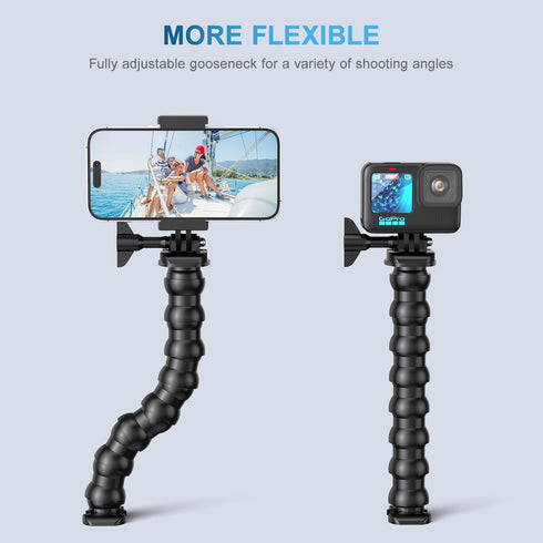 Jaws Flex Clamp Mount with Adjustable Gooseneck for Smartphone, GoPro Hero 12 11, 10, 9, 8, 7, 6, 5, 4, Session 3+, 3, 2, 1 Max, Hero (2018) Fusion, DJI Osmo Cameras
