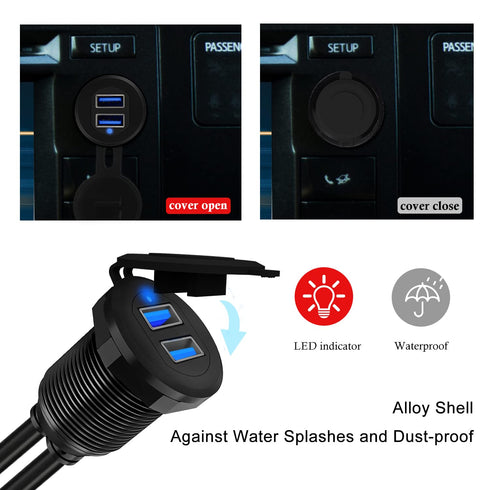 Double Port USB 3.0 Car Mount Flush Cable, USB3.0 Male to Female Extension Cable for Car Dashboard Panel 1ft