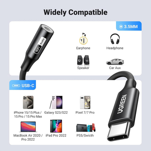 UGREEN USB C to 3.5mm Audio Adapter, Hi-Res USB C to Aux Dongle, Compatible with iPhone 15 Pro Max, Samsung Galaxy