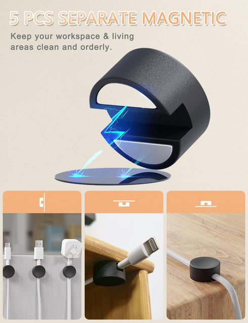 Magnetic Cord Holder Silicone, 5-Pack Magnetic Cable Organizer Clips for Nightstand, Office Desk, Kitchen & Car, Black