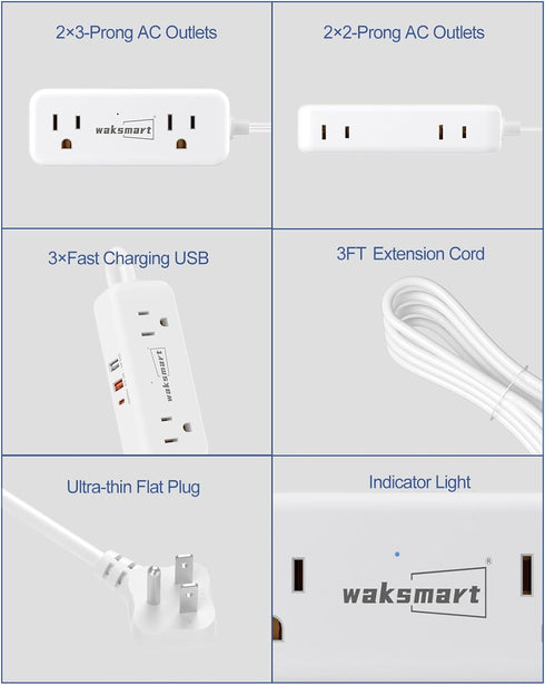 Waksmart PD20W -3 4 3 Flat Plug Power Strip Ft Flat Plug Extension Cord with AC Outlets Quick Charging USB Ports, Flat