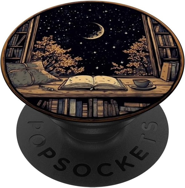 Moon Book Bookshelf Library Coffee Cup Star Pattern PopSockets Standard Grip