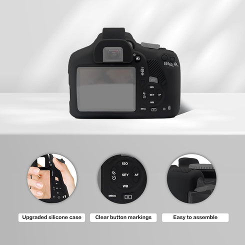 Soft Silicone Camera Case Cover for Canon Rebel T6/1300D, T7/1500D DSLR - Black with Button Marking