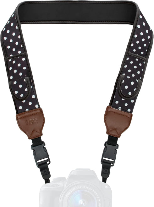 USA Gear TrueSHOT Neoprene Camera Neck Strap - Padded with Pockets and Quick Release Buckles (Polka Dot)
