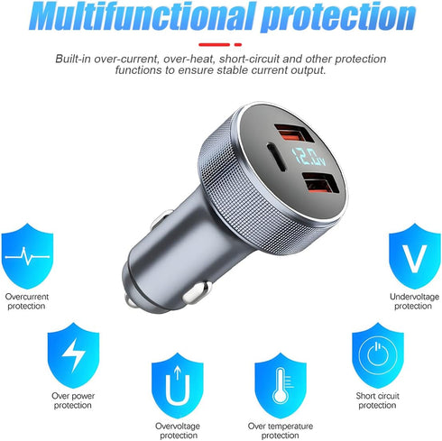72W Fast Car Charger Adapter, Dual USB Fast Charging Type C Car Charger with LED Display Adapter, QC 3.0 PD Cigarette Lighter Adapter for Laptop Smartphone, 3 in 1 Power Delivery for All Car by Moioee