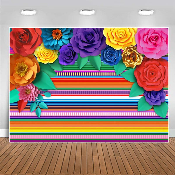 Mexican Theme Party Striped Backdrop - Fiesta Cinco De Mayo Paper Flowers Background for Cake Table Decor