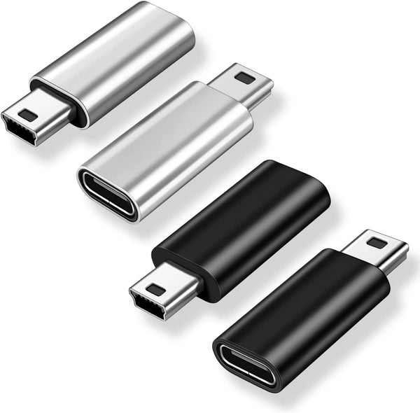 AreMe Mini USB 2.0 to USB C Adapter (4 Pack), Black+Silver Converter for Digital Camera, MP3 Players, GPS, Dash Cam