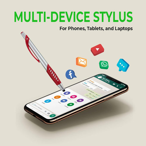 Stylus Pen 2 in 1 with Comfort Grip - Capacitive & Ballpoint for Universal Touchscreen Devices, 10 Pack Silver