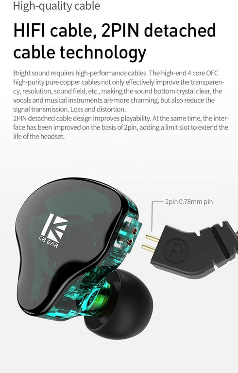 YINYOO KBEAR KS2 USB C Earbuds Headphones, Hybrid 1BA 1DD Wired Earbuds with Detachable Cable (Green)