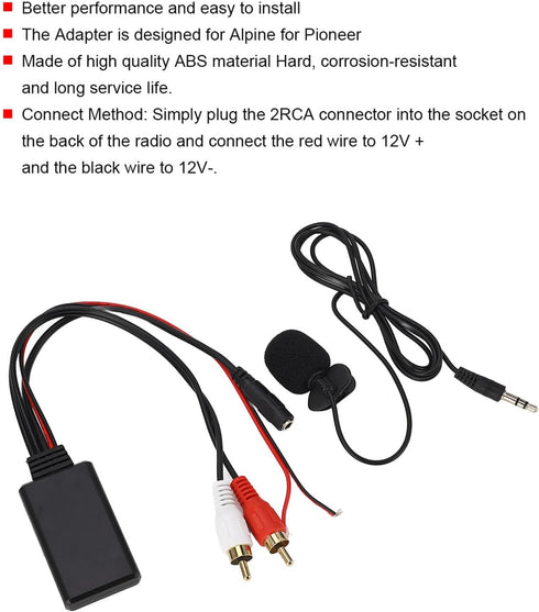 Bluetooth AUX Module 2 RCA Cable Adapter with Hands Free Microphone