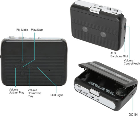 TON007B Bluetooth Cassette Player, ABS Auto Reverse Function Stereo Cassette Player with Headphone, Black